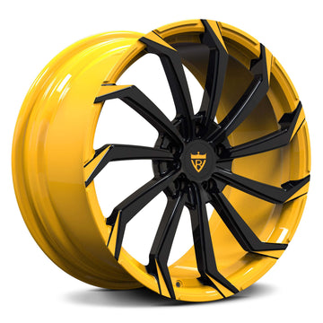 Custom forged 1-piece wheel RV-MC02 with a black and yellow finish for Dodge Dakota R/T, 6 lug rims, available in 17 to 26 inches